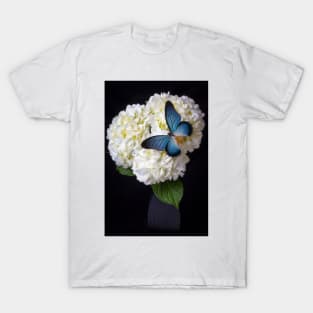 Large Blue Exotic Butterfly On White Hydrangea T-Shirt